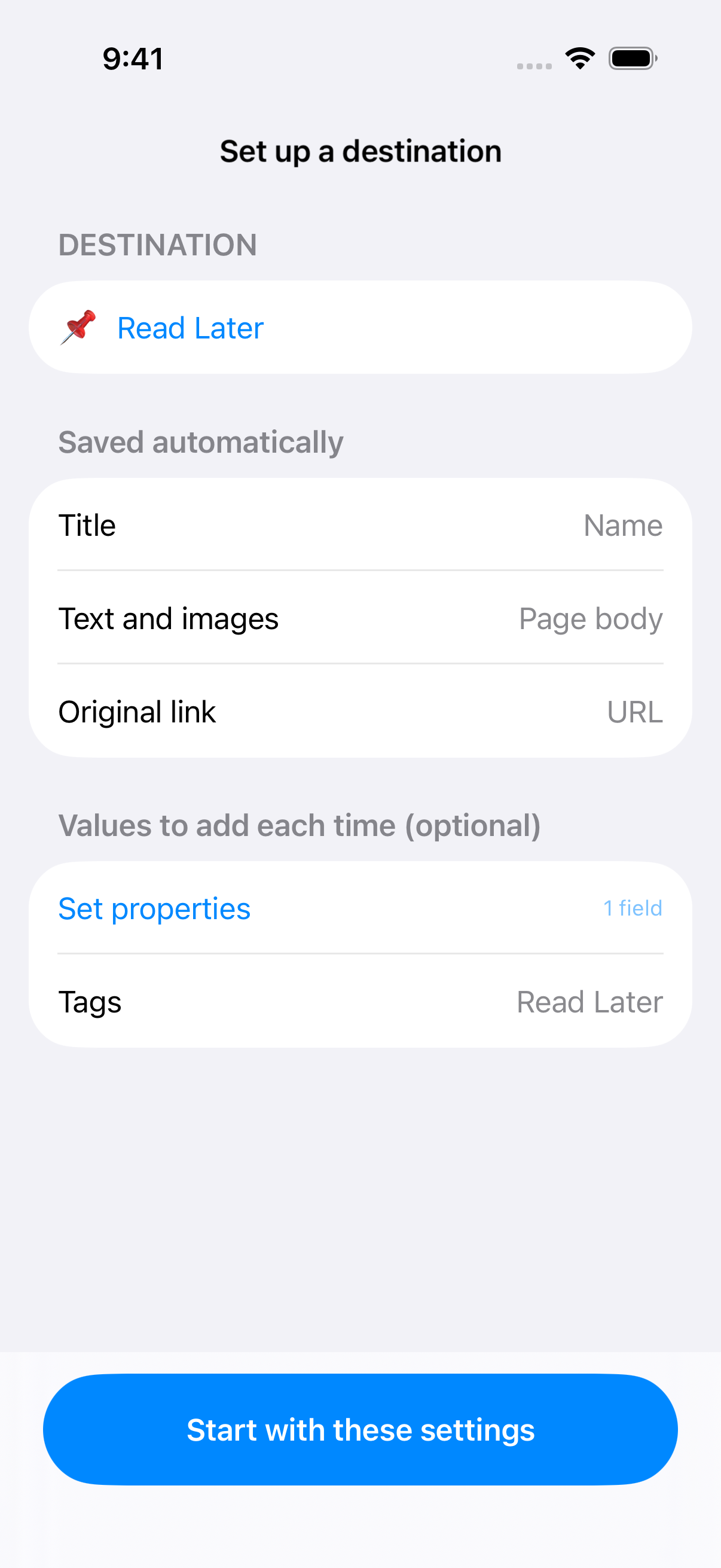 Set destination and properties