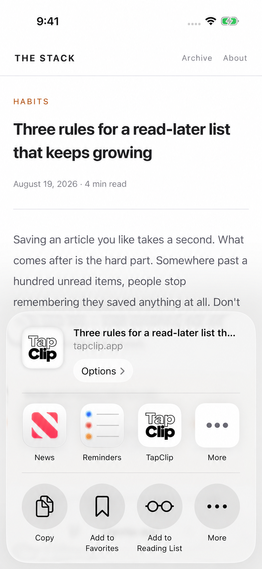 Choose the TapClip icon from the app row in the share sheet.